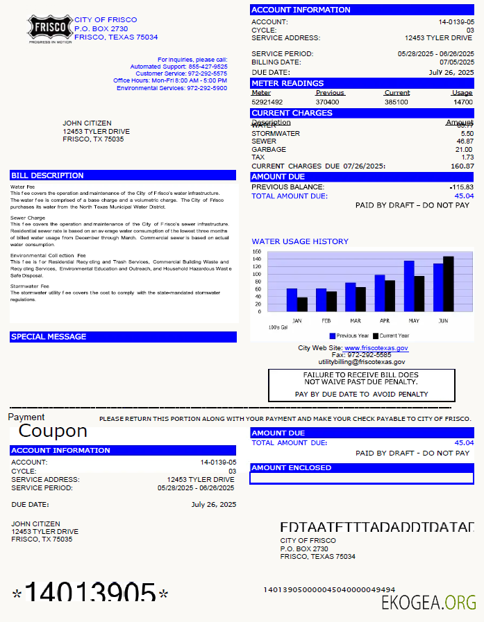 USA City of Frisco utility bill template in Word and PDF formats